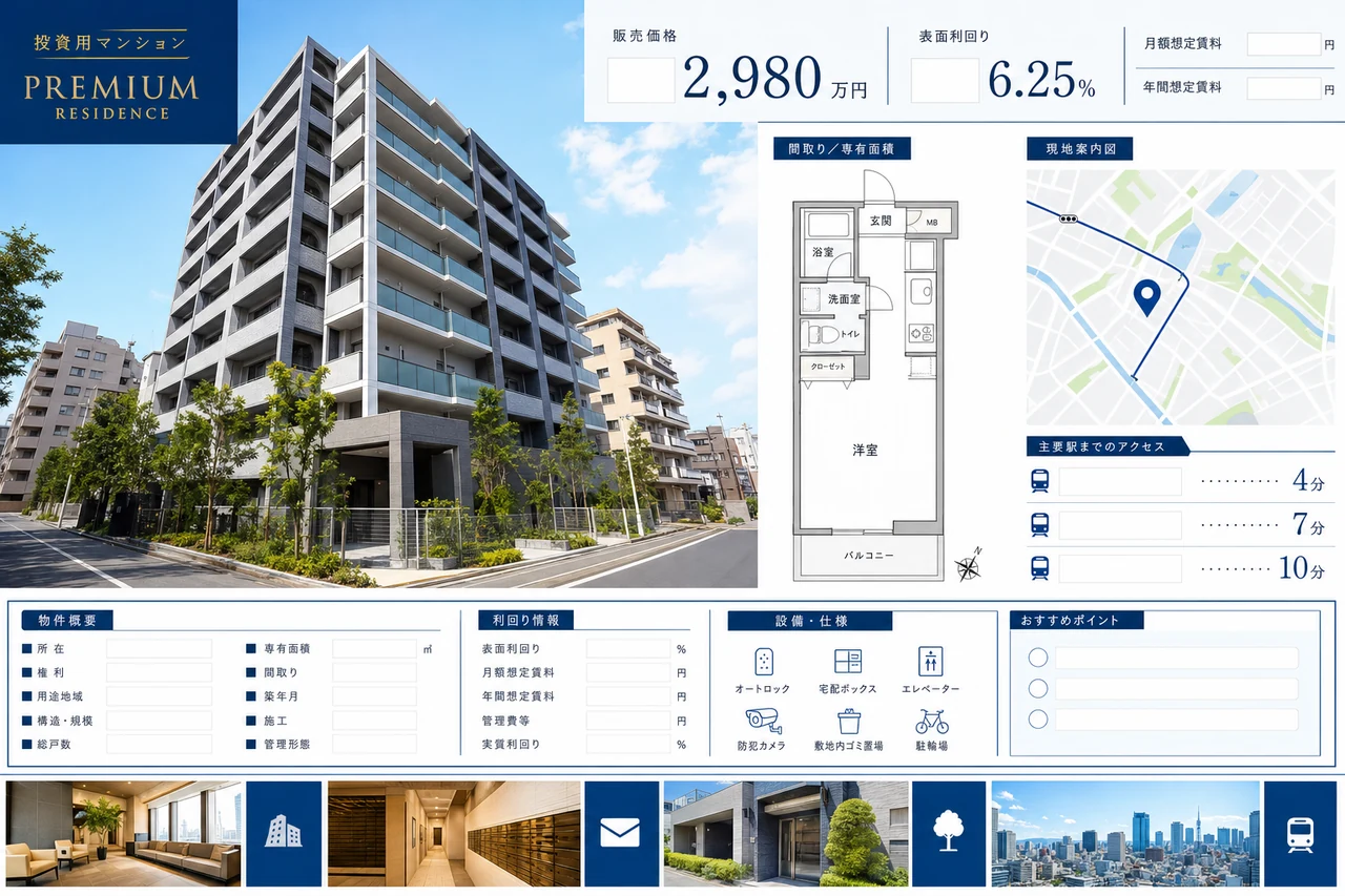建物写真、価格、利回り、間取りなどをまとめたマイソク販売資料の例